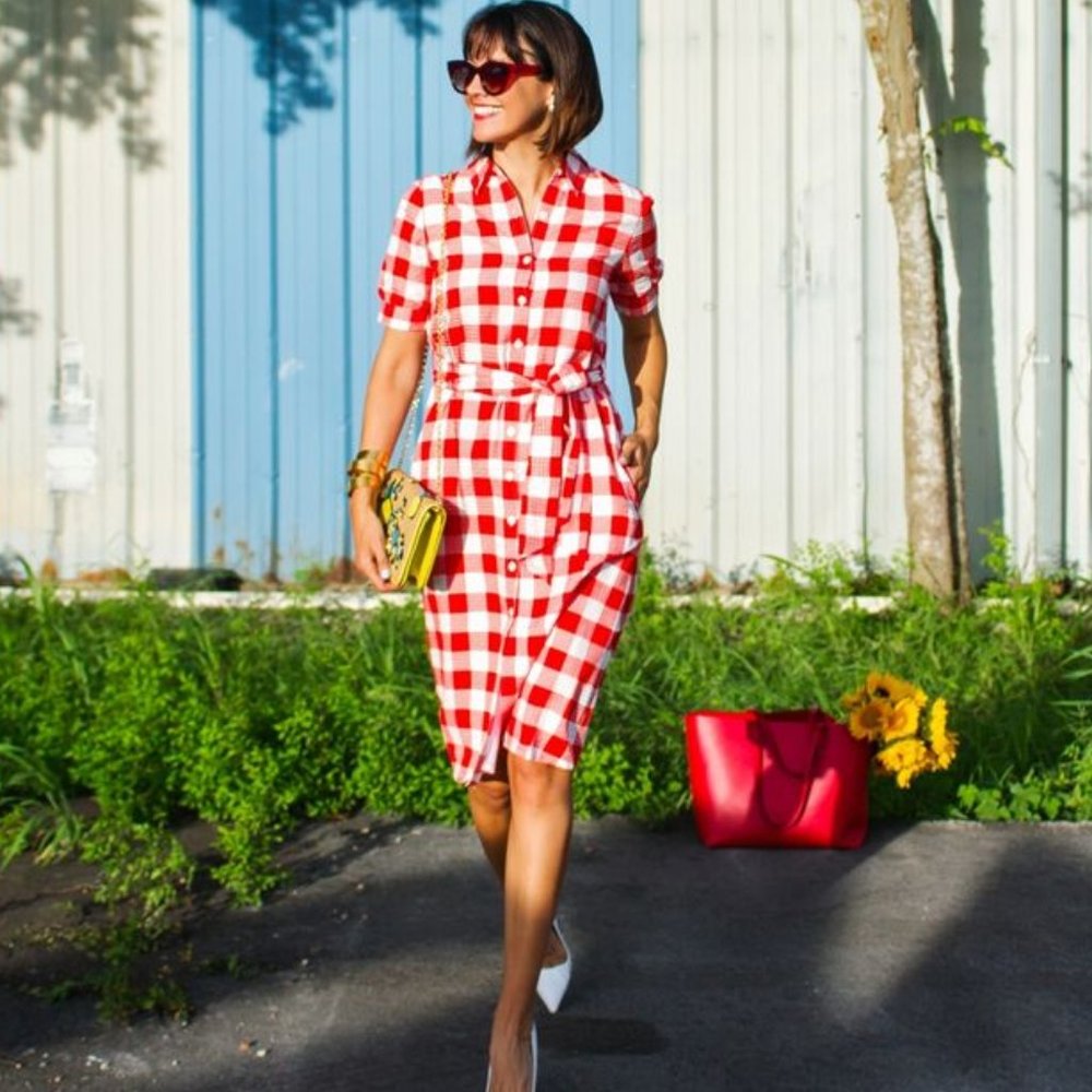 Draper James Red White Gingham Button Down Short Sleeve Dress Size 6 - Picture 2 of 16